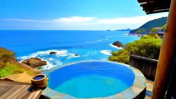 青い海を眺める露天風呂