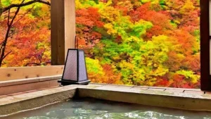 紅葉が美しいヒノキの浴槽