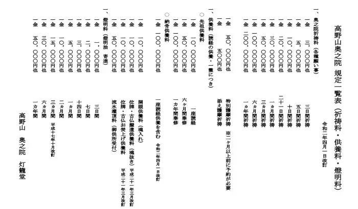 高野山奥の院の祈祷料、供養料、燈灯料